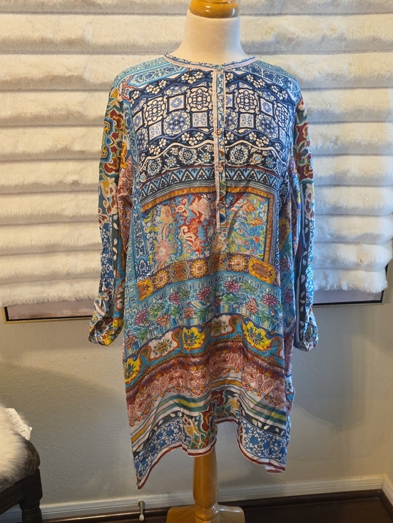 Johnny Was Tops - Johnny Was Multicolor Blue Paisley Patchwork Tunic Size L 100% SILK
